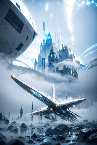 floating spaceship shuttles through the fog, street scenery , blue light, (dense fog:1.4) ,crystal and silver entanglement,black and white entanglement