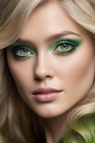 Only 1 woman, solo, close up, (astonishing blonde wavy hair), (mesmerizing shades of green eyes, clearly defined dark brown limbal rings, layers of dark green furrows multiply layers of light green furrows overlay layers of royal purple furrows, soft brown iris crypt adding depth in jagged shading and softly glazed highlights of the iris color, royal purple iris crypt, dark blue iris crypts. Softly detailed Iris Furrows, intricate tapetum lucidum), Unimaginably detailed, uniquely textured, stark white skin intermixed with shades of coral, individual eyelashes defined by brown to black in long wispy like separating, catch light reflects bright indistinguishable texture of eyes, color relevance, LUT_Analog, color locked, natural light reflects of skin detail, natural depth shading of skin, low to bright tones to hair color, enhance and increase contrast at the areas where colors meet