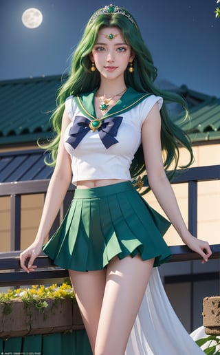 realistic, 1girl, green long hair, green eyes, glowing eyes, smile, blue skirt, large breast, parted lips, blush, night, flowers, necklace, earring, panthyhose, walking in the rooftop, full moon, sunlight,More Detail,Enhance, Sailor Neptune wear, tiara, sailor senshi uniform,sailor neptune