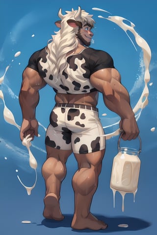 back view,meta:cool_colors,big hair, long_hair,white_hair,white beard,(((human,  (((dark skin))), (cow ears), (cow horns), (tan_skin), ))), curly mane, humanoid_feet,cowbell,smile,milk jug,white moving liquid background,cowprint,torn_shirt,bubbles,white splash,blue background,bulge, crop top, sweat,sweaty_thighs, white liquid,full body, kristoff_bjorgman,hairy