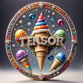 a ultra-detailed intricate round award, diamond and platinum outlines (((text in cursive with only the letters "TENSOR ART"))) rainbow, diamonds, gems, ice-cream