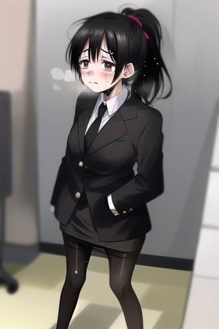 cute, crybaby, sweaty, nervous, black_hair AND ponytail, black office suit, (black_pantyhose : 1.6), full body