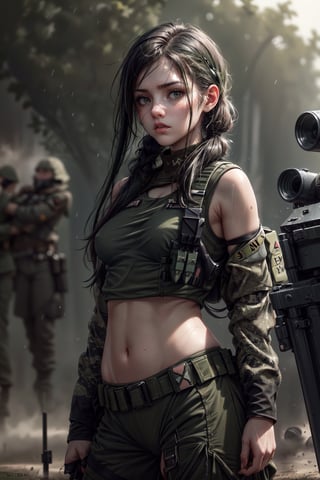 Best quality, masterpiece, ultra high res, (photorealistic:1.37), raw photo, young female, (female sniper:1.36), large army backpack, long black hair, sweaty body, braless, (small natural breast:1.38), saggy breast, ((perfect boobs)),midriff showing,wet skin,puring rain, wide hip, big round hip, big beautiful green eyes, (front view), low angle shots, ((wide ange shots)),no_bra,sagging breasts, cleavage cutout, (one kneen down:1.38), (ultra blur background:1.7), ((battlefield background, heavy dust envorinment background:1.5)), (army green:1.8),full_gear_soldier,sexysoldier,post-apocalypic_fashion,girl,bodysuit,skin tight