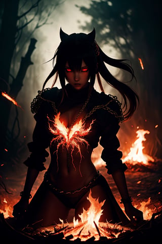 (Anime-style:1.3), (Dark and intense:1.2), A striking anime character, Indonesia, shrouded in shadows and poised for battle, stands against a deep crimson background adorned with menacing chains. Glowing red hollow fire particles dance around the scene, creating an otherworldly ambiance. The unique pastel look adds an ethereal touch to this dramatic and visually intense composition.