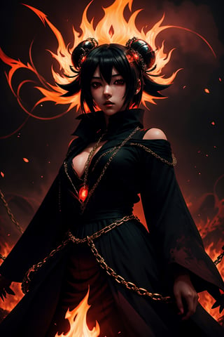 (Anime-style:1.3), (Dark and intense:1.2), A striking anime character, Majapahit, shrouded in shadows and poised for battle, stands against a deep crimson background adorned with menacing chains. Glowing red hollow fire particles dance around the scene, creating an otherworldly ambiance. The unique pastel look adds an ethereal touch to this dramatic and visually intense composition.