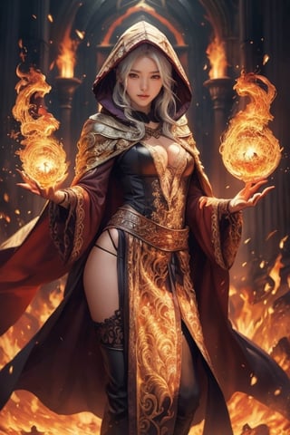 realistic, masterpiece, intricate details, detailed background, depth of field,photo of a handsome wizard, (young corean girl with k-pop idol look), 25yo, (blonde and white hair),  fire spell, Wizard, wears a long hooded cape, Sexy  The thong shows a large,detailmaster2,aw0k magnstyle,Focus,pyromancer