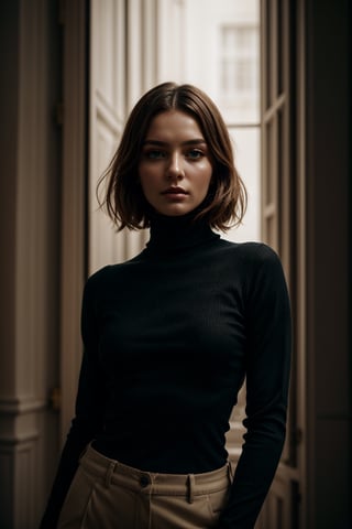 A stunning intricate full color portrait of (sks woman:1), wearing a black turtleneck, epic character composition, by ilya kuvshinov, alessio albi, nina masic, sharp focus, natural lighting, subsurface scattering, f2, 35mm, film grain