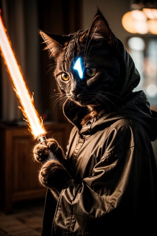 (cat:1.3), a master jedi cat, star wars, holding lightsaber, wearing a jedi cloak hood, photorealistic,cat