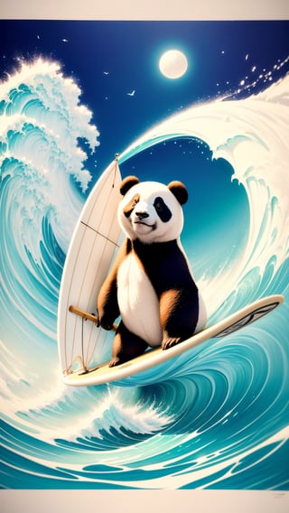 Pastel color palette, in dreamy soft pastel hues, pastelcore, pop surrealism poster illustration || A Majestic and trained panda surfing on a surfboard on The Great Wave off Kanagawa While holding a vinyl record in its hand || bright hazy pastel colors, whimsical, impossible dream, pastelpunk aesthetic fantasycore art