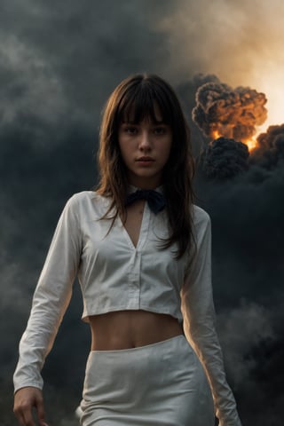 (((masterpiece))),best quality, illustration,(beautiful detailed girl),beautiful detailed glow,((flames of war)),(((nuclear explosion behide))),rain,detailed lighting,detailed water,(beautiful detailed eyes),expressionless,palace,azure hair,disheveled hair,long bangs,hairs between eyes,(whitegrey dress),black ribbon,white bowties,midriff,big forhead,blank stare,flower,long sleeves