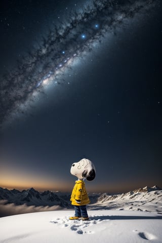 Snoopy, Masterpiece, Top Quality, Super Detailed Wallpaper, Turner features high quality, detailed cosmic colors of Vincent van Goghs Starry Night with Salvador Dalis surreal celestial precision , reflecting a touch of atmosphere and blurring the line with reality. Fantasy and snow falling in the sky, Small eyes, black ears, petite build,chibi emote style