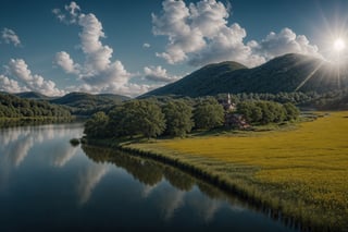 (extremely detailed CG unity 8k wallpaper),(((masterpiece))), (((best quality))), ((ultra-detailed)), (best illustration),(best shadow), ((an extremely delicate and beautiful)),dynamic angle, close-up of a small house by the lake, beautiful sunny summer day, water lilies in the lake blooming, lush plants, sunlight shining through the white clouds, bold colors, fairy tale, fantasy,wind,classic, (detailed light),feather, nature, (sunlight),beautiful and delicate water,(painting),(sketch),(bloom),(shine), high resolution, high contrast ratio, high detail, high texture, texture surreal high quality figure, ultra high quality, golden ratio