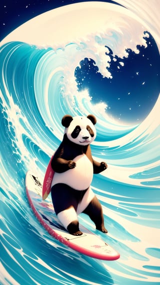 Pastel color palette, in dreamy soft pastel hues, pastelcore, pop surrealism poster illustration || A Majestic and trained panda surfing on a surfboard on The Great Wave off Kanagawa While holding a vinyl record in its hand || bright hazy pastel colors, whimsical, impossible dream, pastelpunk aesthetic fantasycore art