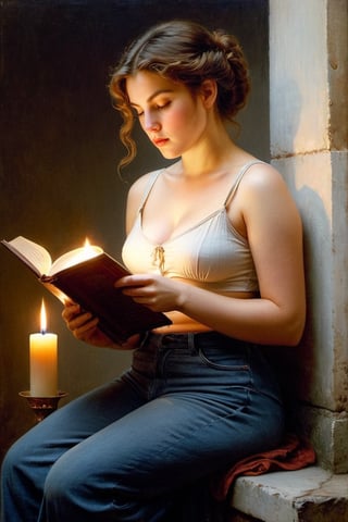 (((iconic but extremely beautiful)))
(((Voluptuous and yet  so adorable,photographed)))
(((Woman Reading by Candlelight,1896 by William Adolphe Bouguereau. Paris.)))
(((midriff, pants, tank top, jeans dirty,broken,old))) 
(((view profile, view angle,view closse-up zoom)))
(((Chiaroscuro light background)))
(((Lighting simple colors)))
(((intricate details,masterpiece,best quality,hyperrealistic, photorealistic)))