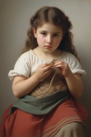 (((iconic oíl painting but extremely beautiful)))
(((Voluptuous and yet  so adorable,photographed)))
(((The Little Knitter,1882 by William Adolphe Bouguereau. Paris.)))
(((view profile, view angle,view close-up zoom)))
(((Chiaroscuro light background)))
(((Vivid simple colors)))
(((intricate details,masterpiece,best quality,hyperrealistic, photorealistic)))