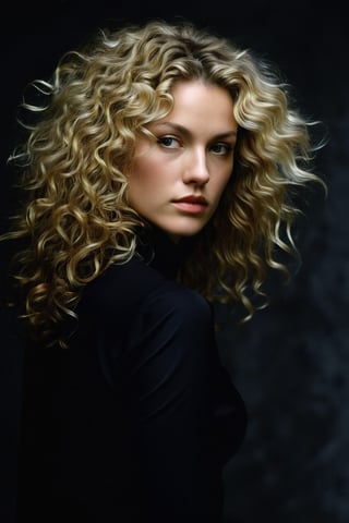 (((iconic Woman darkness but extremely beautiful))) 
(((Blonde large curly hair)))
(((Black Solid full colors)))
(((Chiaroscuro black simple colors)))
(((view profile, view angle, dutch_angle)))
(((Chiaroscuro darkness background)))
(((intricate details,masterpiece,best quality,hyperrealistic, photorealistic)))
(((by Annie Leibovitz style, by caravaggio style)))