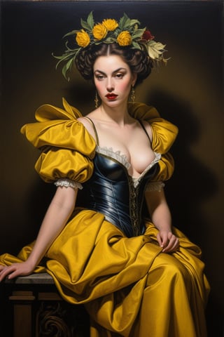 (((iconic oíl painting but extremely beautiful)))
(((intricate details,masterpiece,best quality)))
(((gorgeous, voluptuous, yellow  glamorous fashion, 
sophisticated,elegant,sexy)))
(((Chiaroscuro darkness light background)))
(((by caravaggio style)))
(((by Michael Curtiz style))),Extremely Realistic, in the style of esao andrews