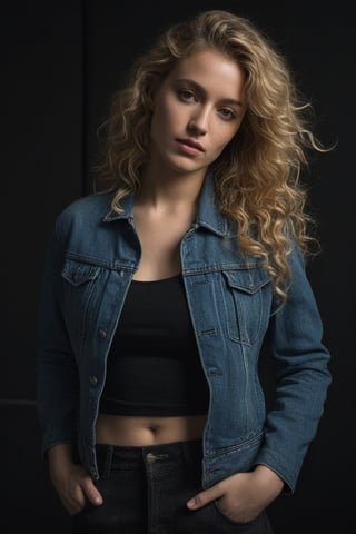 (((iconic Woman but extremely beautiful)))
(((dirty,broken,old)))
(((looking at viewer, jacket, midriff, pants, tank top, denim, jeans)))
(((shadows on the face)))
(((Blonde curly long hair)))
(((Black Solid full colors)))
(((Chiaroscuro black simple colors)))
(((view profile, view angle, dutch_angle)))
(((Chiaroscuro light background)))
(((intricate details,masterpiece,best quality,hyperrealistic, photorealistic)))
(((by Annie Leibovitz style, by caravaggio style)))