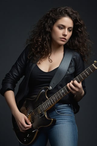 (((iconic Woman but extremely beautiful)))
(((looking at viewer, jacket, midriff, pants, tank top, denim, jeans dirty,broken,old)))
(((playing electric guitar)))
(((Black curly long hair)))
(((Chiaroscuro darkness simple colors)))
(((gorgeous, voluptuous, sexy, rock hard)))
(((view profile, view angle, dutch_angle)))
(((Chiaroscuro light background)))
(((intricate details,masterpiece,best quality,hyperrealistic, photorealistic)))
(((by Annie Leibovitz style, by caravaggio style))),bbw