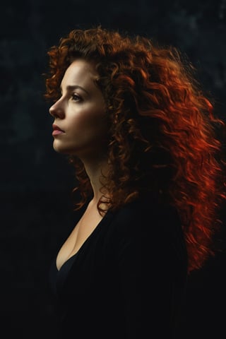 (((iconic Woman but extremely beautiful))) (((dirty,broken,old)))
(((vivid red curly long hair)))
(((large curly hair)))
(((Black Solid full colors)))
(((Chiaroscuro black simple colors)))
(((view profile, view angle, dutch_angle)))
(((Chiaroscuro darkness background)))
(((intricate details,masterpiece,best quality,hyperrealistic, photorealistic)))
(((by Annie Leibovitz style, by caravaggio style))),Movie Aesthetic,Film_Grain