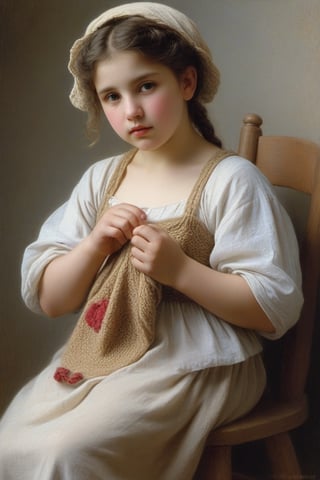 (((iconic oíl painting but extremely beautiful)))
(((Voluptuous and yet  so adorable,photographed)))
(((The Little Knitter,1882 by William Adolphe Bouguereau. Paris.)))
(((view profile, view angle,view close-up zoom)))
(((Chiaroscuro light background)))
(((Vivid simple colors)))
(((intricate details,masterpiece,best quality,hyperrealistic, photorealistic)))