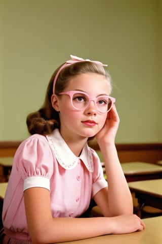  1950s, inside photography, teenager, natural lighting, beautiful girl,pink Old-fashioned glasses,detailed classroom