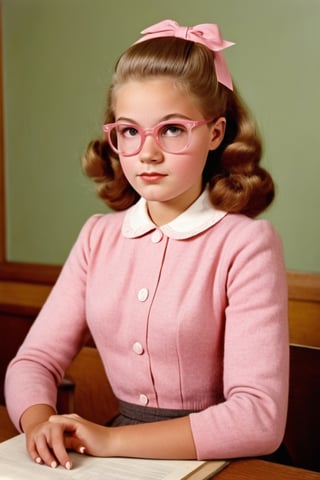  1950s, inside photography, teenager, natural lighting, beautiful girl,pink Old-fashioned glasses,detailed classroom