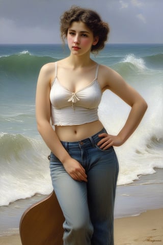 (((iconic but extremely beautiful)))
(((Voluptuous and yet  so adorable,photographed)))
(((The Wave,1896 by William Adolphe Bouguereau. Paris.)))
(((midriff, pants, tank top, jeans dirty,broken,old,Play electric guitar))) 
(((view profile, view angle,view closse-up zoom)))
(((Chiaroscuro light background)))
(((Vivid simple colors)))
(((intricate details,masterpiece,best quality,hyperrealistic, photorealistic)))