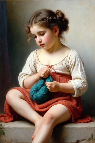 (((iconic oíl painting but extremely beautiful)))
(((Voluptuous and yet  so adorable,photographed)))
(((The Little Knitter,1882 by William Adolphe Bouguereau. Paris.)))
(((view profile, view angle,view close-up zoom)))
(((Chiaroscuro light background)))
(((Vivid simple colors)))
(((intricate details,masterpiece,best quality,hyperrealistic, photorealistic)))