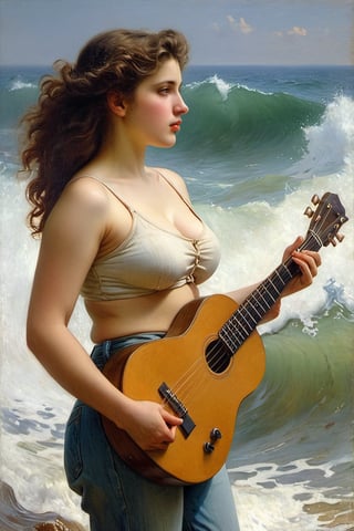 (((iconic but extremely beautiful)))
(((Voluptuous and yet  so adorable,photographed)))
(((The Wave,1896 by William Adolphe Bouguereau. Paris.)))
(((midriff, pants, tank top, jeans dirty,broken,old,Play electric guitar))) 
(((view profile, view angle,view closse-up zoom)))
(((Chiaroscuro light background)))
(((Vivid simple colors)))
(((intricate details,masterpiece,best quality,hyperrealistic, photorealistic)))
