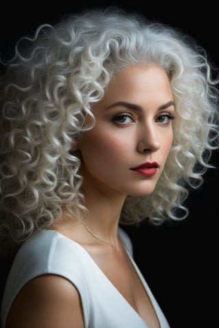 (((iconic Woman darkness but extremely beautiful))) 
(((White large curly hair)))
(((Black Solid full colors)))
(((Chiaroscuro simple colors)))
(((view profile, view angle, dutch_angle)))
(((Chiaroscuro darkness background)))
(((intricate details,masterpiece,best quality,hyperrealistic, photorealistic)))
(((by Annie Leibovitz style, by Michael Curtiz style)))