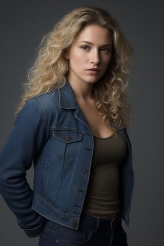 (((iconic Woman but extremely beautiful)))
(((looking at viewer, jacket, midriff, pants, tank top, denim, jeans dirty,broken,old)))
(((Blonde curly long hair)))
(((Chiaroscuro Light Solid full colors)))
(((Chiaroscuro darkness simple colors)))
(((view profile, view angle, dutch_angle)))
(((Chiaroscuro light background)))
(((intricate details,masterpiece,best quality,hyperrealistic, photorealistic)))
(((by Annie Leibovitz style, by caravaggio style)))