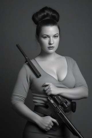 (((iconic Woman but extremely beautiful,holding, monochrome, weapon, greyscale, hair two bun, holding weapon, hand on hip, gun, holding gun, handgun, realistic)))
(((Voluptuous and yet  so adorable,photographed)))
(((Chiaroscuro darkness simple colors)))
(((gorgeous, voluptuous)))
(((view profile, view angle, dutch_angle)))
(((Chiaroscuro light background)))
(((intricate details,masterpiece,best quality,hyperrealistic, photorealistic)))
(((by Annie Leibovitz style))),bbw