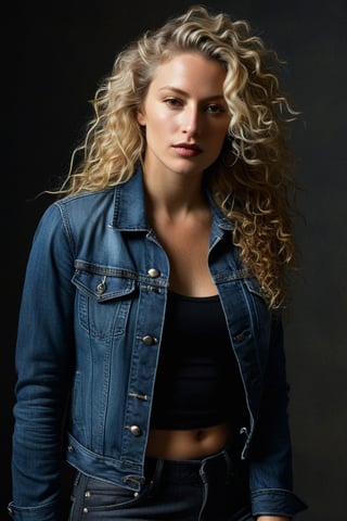 (((iconic Woman but extremely beautiful)))
(((dirty,broken,old)))
(((looking at viewer, jacket, midriff, pants, tank top, denim, jeans)))
(((shadows on the face)))
(((Blonde curly long hair)))
(((Black Solid full colors)))
(((Chiaroscuro black simple colors)))
(((view profile, view angle, dutch_angle)))
(((Chiaroscuro light background)))
(((intricate details,masterpiece,best quality,hyperrealistic, photorealistic)))
(((by Annie Leibovitz style, by caravaggio style)))