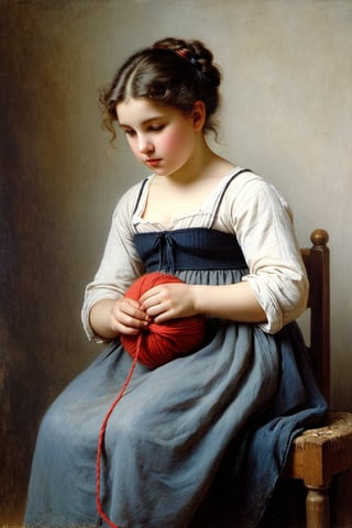 (((iconic oíl painting but extremely beautiful)))
(((Voluptuous and yet  so adorable,photographed)))
(((The Little Knitter,1882 by William Adolphe Bouguereau. Paris.)))
(((view profile, view angle,view close-up zoom)))
(((Chiaroscuro light background)))
(((Vivid simple colors)))
(((intricate details,masterpiece,best quality,hyperrealistic, photorealistic)))