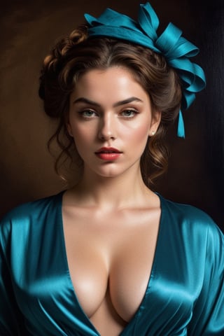 (((iconic oíl painting but extremely beautiful)))
(((intricate details,masterpiece,best quality)))
(((gorgeous, voluptuous, Turquoise  glamorous fashion, 
sophisticated,elegant,sexy)))
(((Chiaroscuro darkness light background)))
(((by caravaggio style)))
(((by Michael Curtiz style)))