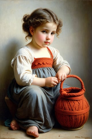 (((iconic oíl painting but extremely beautiful)))
(((Voluptuous and yet  so adorable,photographed)))
(((The Little Knitter,1882 by William Adolphe Bouguereau. Paris.)))
(((view profile, view angle,view close-up zoom)))
(((Chiaroscuro light background)))
(((Vivid simple colors)))
(((intricate details,masterpiece,best quality,hyperrealistic, photorealistic)))