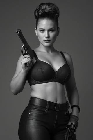 (((iconic Woman but extremely beautiful,holding, monochrome, weapon, greyscale, hair bun, holding weapon, hand on hip, gun, holding gun, handgun, realistic)))
(((Voluptuous and yet  so adorable,photographed)))
(((Chiaroscuro darkness simple colors)))
(((gorgeous, voluptuous)))
(((view profile, view angle, dutch_angle)))
(((Chiaroscuro light background)))
(((intricate details,masterpiece,best quality,hyperrealistic, photorealistic)))
(((by Annie Leibovitz style))),bbw