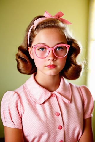  1950s, inside photography, teenager, natural lighting, beautiful girl,pink Old-fashioned glasses 