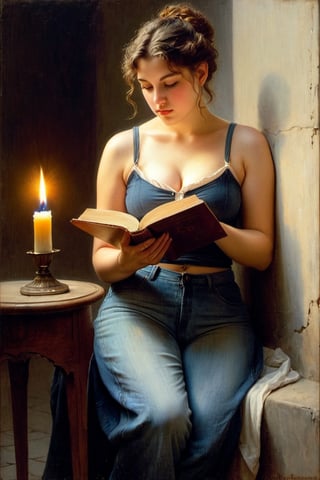(((iconic but extremely beautiful)))
(((Voluptuous and yet  so adorable,photographed)))
(((Woman Reading by Candlelight,1896 by William Adolphe Bouguereau. Paris.)))
(((midriff, pants, tank top, jeans dirty,broken,old))) 
(((view profile, view angle,view closse-up zoom)))
(((Chiaroscuro light background)))
(((Lighting simple colors)))
(((intricate details,masterpiece,best quality,hyperrealistic, photorealistic)))