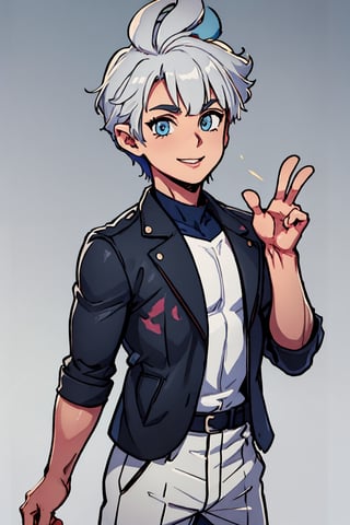 Lonely man, White-haired man, White skin, blue eyes, smiling, black clothes, open black jacket, waving, lively boy, handsome man ,KagaKusha,1boy, Finger boy ,grey hair , white shirt with print ,