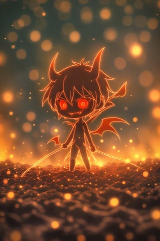 A demon with red eyes, in a hell filled with red flames. This demon has devilish wings behind it, creating a fierce and soft colored anime style. This image has high resolution and ultra precision, with bright line art