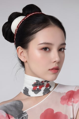 a potrait of a hubggirl, red eyes, black hair, hair bun with accessories, cloud pattern on garment, mystical, pale skin, blush on cheeks, white background, portrait, upper body shot, artful composition, detailed line art, vibrant color contrast,naked bandage,hubgwomen