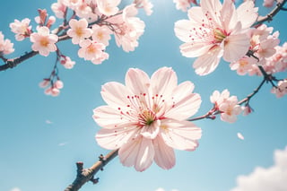 petals of cherry blossom flowers floating in the air, white background