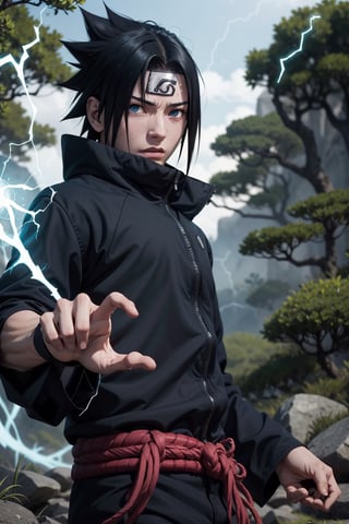 "Generate an image of Sasuke Uchiha from the popular anime series 'Naruto' using his signature jutsu, the 'Rasengan.' Naruto stands with determination, his blond hair flowing, and his bright blue eyes focused. He holds his palm out, surrounded by swirling chakra that forms the Chidori Ball Energy Lightning, a spiraling sphere of energy. The scene is set against a backdrop of a lush forest, with leaves rustling in the wind as Naruto's power radiates through the air. Capture the essence of Naruto's spirit and determination as he unleashes his formidable ninja abilities."s4suk3,