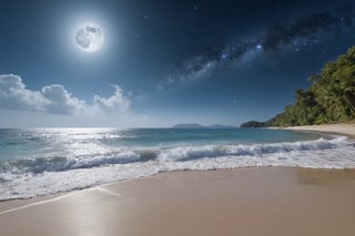 Imagine the following scene.

A beautiful beach, very transparent and crystal clear, with big waves on the shore, very vast.

The sand is very clear. It is night, the light of the full light bathes the sea. In the sky a huge full moon and many stars and galaxies can be seen.

The image is wide and far away, to see the detail of the scene.