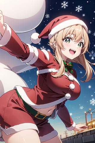 illumination,(white:1.5),girl,(Santa Claus:1.3), christmas,smile,hakari hanazono,giant_breasts,dynamic pose,dynamic_angel,cowboy_shot