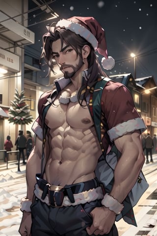 solo,((Santa Claus)),cowboy shot,christmas_hat,snow,christmas tree,(muscular),Naked upper body,night,on the street,Santa Claus beard,mechanical