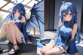 nice hands,  perfect hands, best quality, highly detailed, masterpiece, ultra-detailed, illustration,  best quality,  highly detailed,  masterpiece,  ultra-detailed,  illustration,  long hair,  blue hair,  red eyes,  {{masterpiece}},  small breasts,  ahoge,  1girl,  {{{blue chinese clothes}}},  {{{{{{{{blue tabard}}}}}}}},  detached sleeves,  {{wide sleeves}},  long sleeves,  {{frilled sleeves}},  blue skirt,  {{frilled skirt}},  {{miniskirt}},  {{obi}},  blue stockings,  open toe sandals, monster girl, dragon girl, dragon tail, scales,feather wings , nose blush ,butterfly sitting position, v arms,indoor, rei no pool, no human,