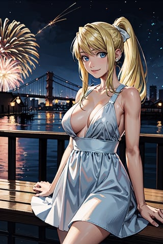 
1girl, masterpiece, best quality, pixiv sample, blonde hair, long hair, ponytail, white ribbon, small smile, pink lips, huge breasts, real blue dress, on the bridge, Fireworks, night view, coffee